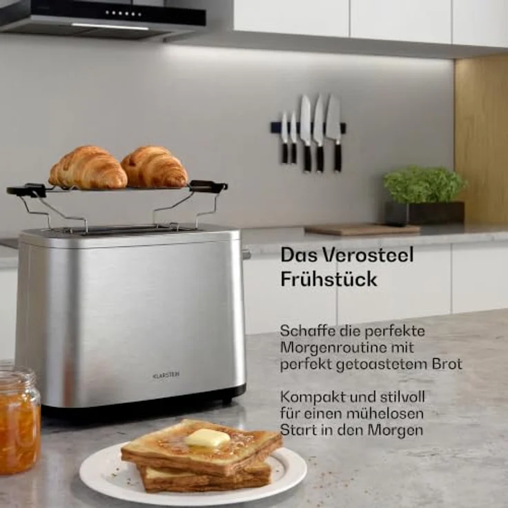 Klarstein VeroSteel 2-Scheiben-Toaster, 800 W mit 7 Bräunungsstufen, Edelstahlgehäuse und Brötchenaufsatz – Bild 3