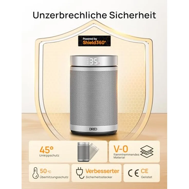Dreo Heizlüfter, 1500W keramischer Heizlüfter mit 34 dB, ECO-Modus, Thermostat, Überhitzungs- & Kippschutz, silber – Bild 5