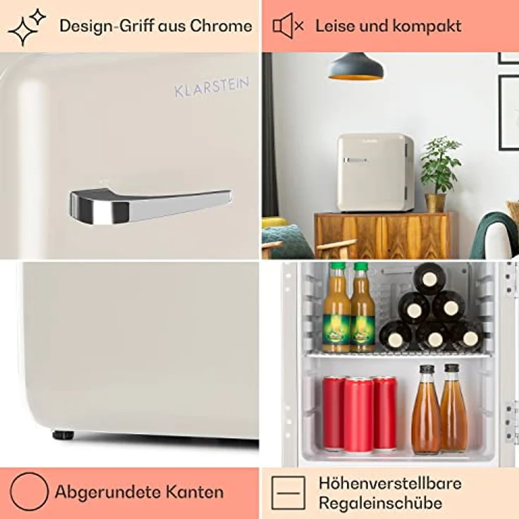 Klarstein Mini Kühlschrank für Zimmer, 48L Mini-Kühlschrank für Getränke & Kosmetik, Kleine Minibar, Kühlschrank Klein & Leise, Verstellbare Ablage, Kleiner Skincare Kühlschrank 0-10°C – Bild 5