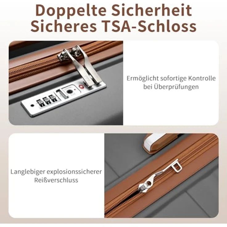 KONO 65 cm Mittelgroß Koffer, leichter Reisekoffer aus 100% Polypropylen mit 4 Rollen, TSA Schloss, grau-braun – Bild 4