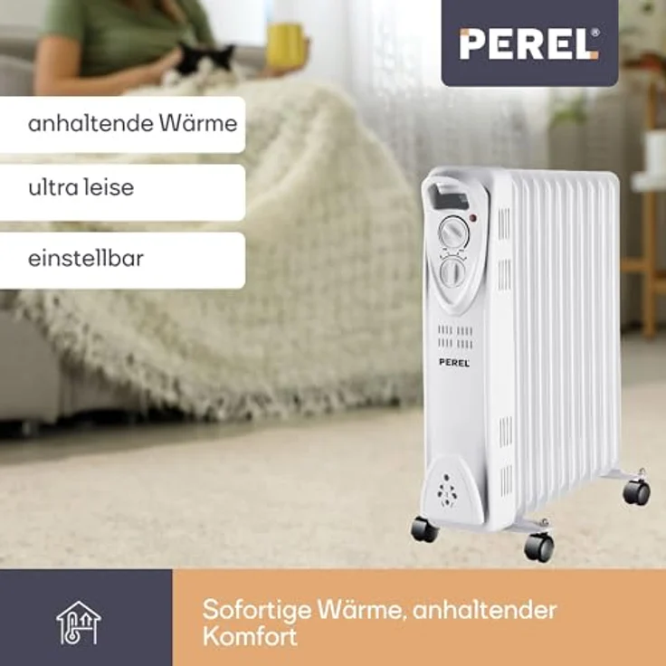 Perel 2500W Öladiatorheizkörper mit Rollen, mobile Thermostat Zusatzheizung elektrisch, Radiator – Bild 2