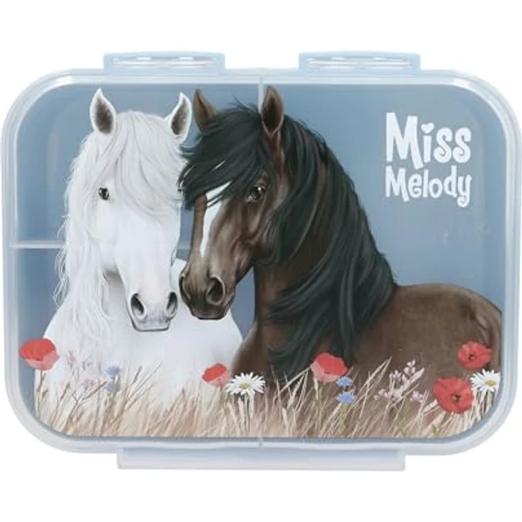 Depesche 13398 Miss Melody Dusty Rose, Lunchbox in Hellblau mit Pferde Motiv und Mohnblumen, 3 Fächer und transparenter Deckel – Bild 1