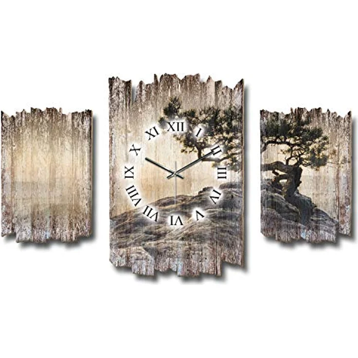 Kreative Feder Einsamer Baum Natur Beige Shabby chic Landhaus Dreiteilige Designer Funk Wanduhr leise Funkuhr ohne Ticken 95 x 60 cm aus MDF-Holz DTWH017FL (leises Funkuhrwerk) – Bild 2