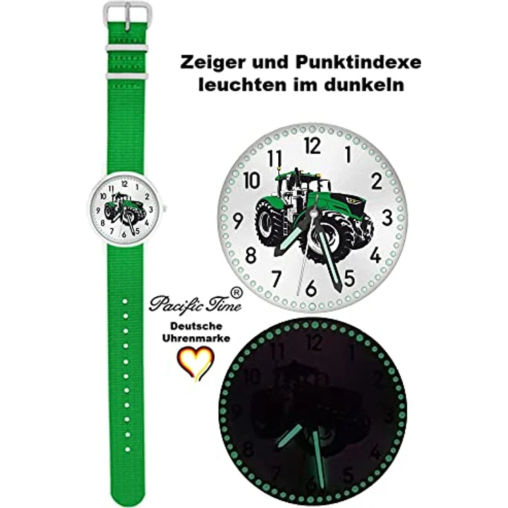 Pacific Time Kinder Armbanduhr Traktor, grün, mit leuchtenden Zeigern, Textilarmband, analog, Quick-Change-System, 3,2 cm Gehäusedurchmesser – Bild 3