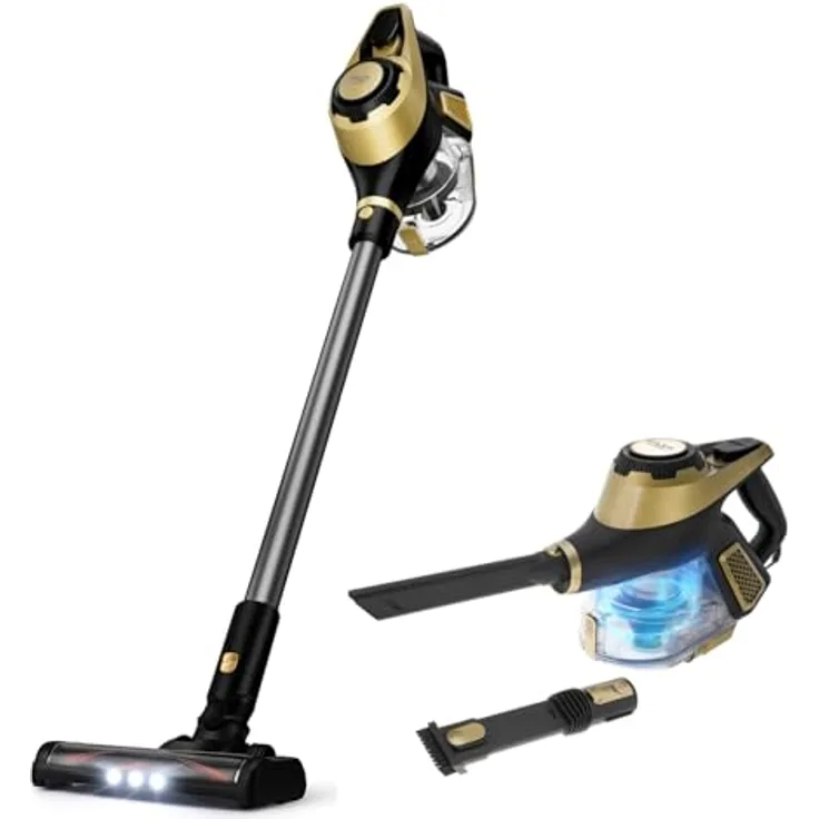 ADLER Kabelgebundener Handstaubsauger mit Elektrobürste und LED-Beleuchtung, starke Saugkraft 15.000 Pa, 3-stufiges Filtersystem, hellgold