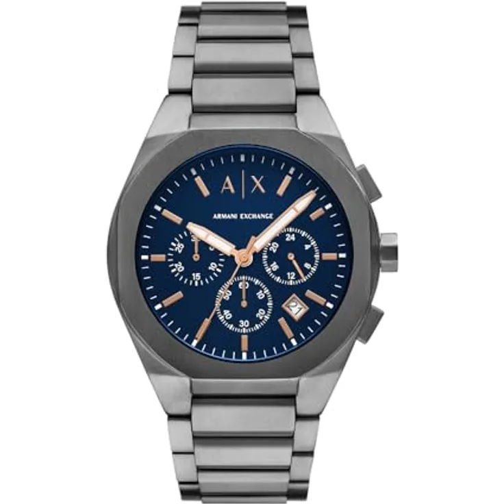 Armani Exchange Herren Chronograph Quarz Uhr mit Edelstahl Armband AX4182, blau 42mm Gehäuse, wasserdicht bis 50m