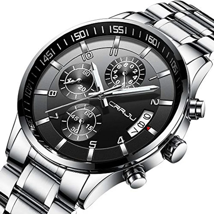 CRRJU Herren Chronograph Armbanduhr, wasserdicht, Edelstahlarmband, analoges Quarzwerk mit Kalender, Silber Schwarz – Bild 2