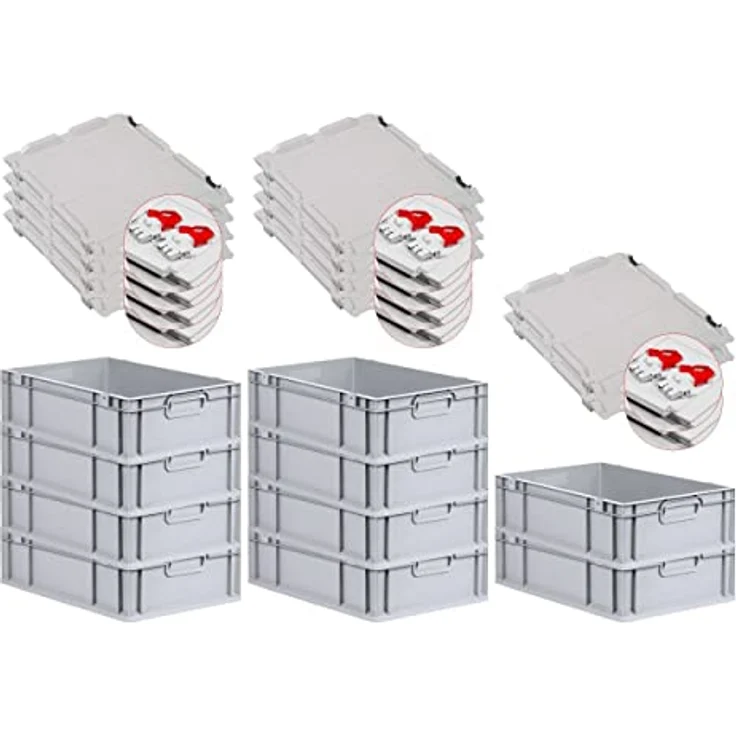 PROREGAL SuperSparSet 10x Eurobox NextGen Grip, 34 L, Grau, mit Scharnierdeckel und roten Schiebeschnappverschlüssen, HxBxT 17x40x60cm, lebensmittelecht und robust – Bild 1