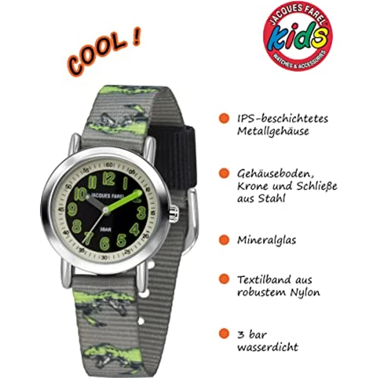  JACQUES FAREL Kinder-Armbanduhr Lernuhr Jungen Analog Quarz mit Stoffband Textilband Dinosaurier T-Rex Grau Schwarz Grün IPS 28mm KPS 605 – Bild 3