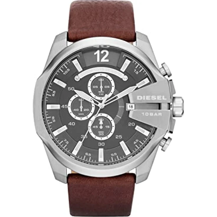 Diesel Herrenuhr Mega Chief, Chronographenwerk, 59mm Silber / Stahl Edelstahlgehäuse mit einem Lederarmband, DZ4290 – Bild 1
