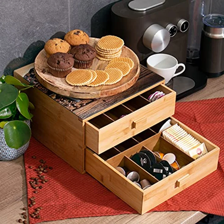 bremermann Kaffeekapsel-Box aus Bambus mit dekorativer Glasplatte, 16 Fächer für Kaffeekapseln und Teebeutel, ca. 30 x 18,5 x 30 cm – Bild 2