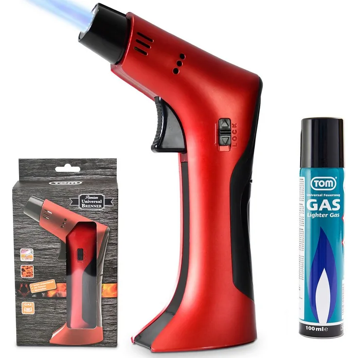 TOM GB-500 Universalbrenner Set, 1250°C mit Piezozündung, nachfüllbar, inkl. 100 ml Gaskartusche, Rot oder Gold
