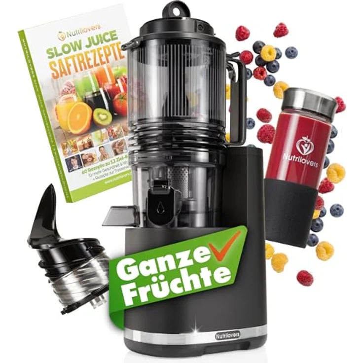 Nutrilovers NUTRI-PRESS MAX Slow Juicer, Entsafter für ganze Früchte mit XXL 150 mm Öffnung, BPA-frei, inkl. Saft-Flasche und Rezeptbuch – Bild 1