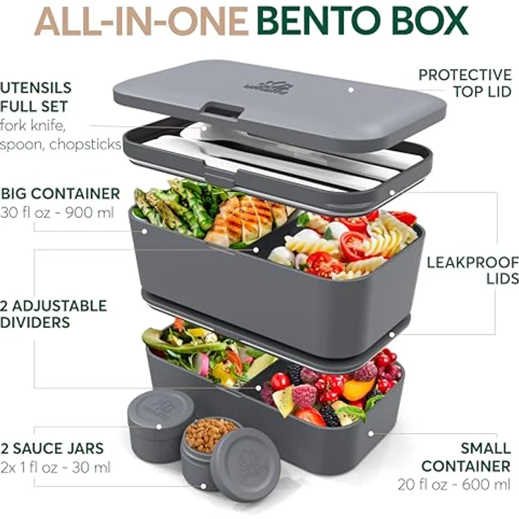 UMAMI Bento Lunchbox für Erwachsene, Auslaufsichere Brotdose mit Besteck und 2 Saucenbehältern, Fächer für Meal Prep, ideal für Salat und Snacks – Bild 2