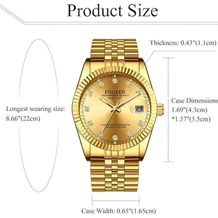 JewelryWe Edelstahl Armbanduhr Herren, Wasserdicht, Analog Quarz mit Leuchtzeigern und rundem goldfarbenem Zifferblatt, Datum Kalender, Geschenkbox – Bild 2