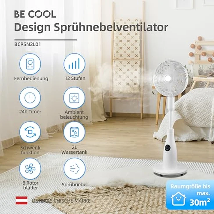 Be Cool BE COOL Premium Sprühnebel Standventilator mit Fernbedienung, 80W, 2L Wassertank, 1500 m³/h, Oszillation & Timer, leiser Betrieb mit Ambientebeleuchtung, Weiß, BCPSN2L01 – Bild 2