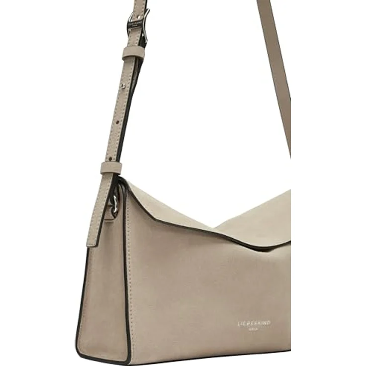Liebeskind Berlin Lora Suede Shoulderbag, Umhängetasche aus echtem Leder in Stone, verstellbarer Schulterriemen, 27x16x8 cm, mit Zipper und Überschlagklappe – Bild 4