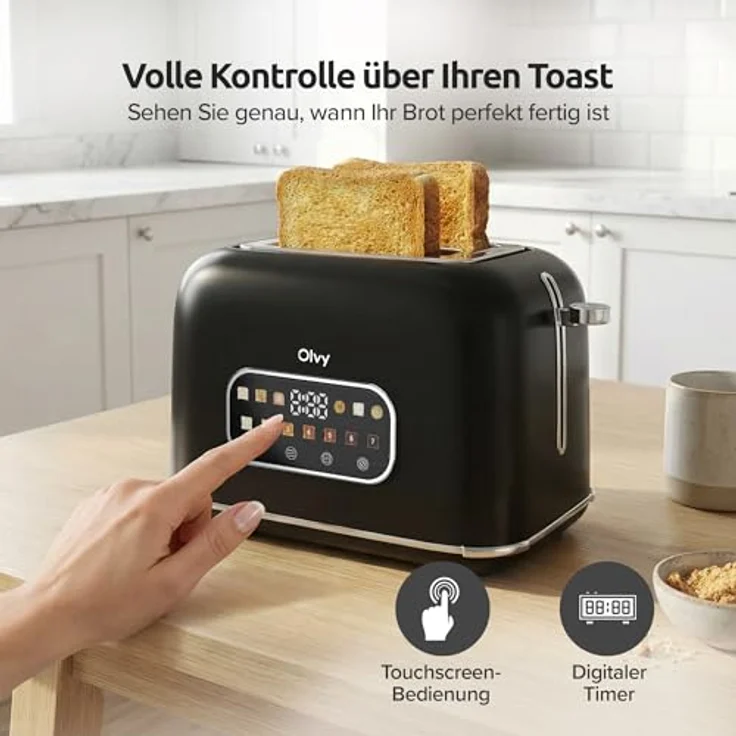 Olvy Premium Toaster mit LCD-Display, 900W, 7 Bräunungsstufen, extra breite Schlitze, Auftau- & Aufwärmfunktion, schwarz – Bild 2