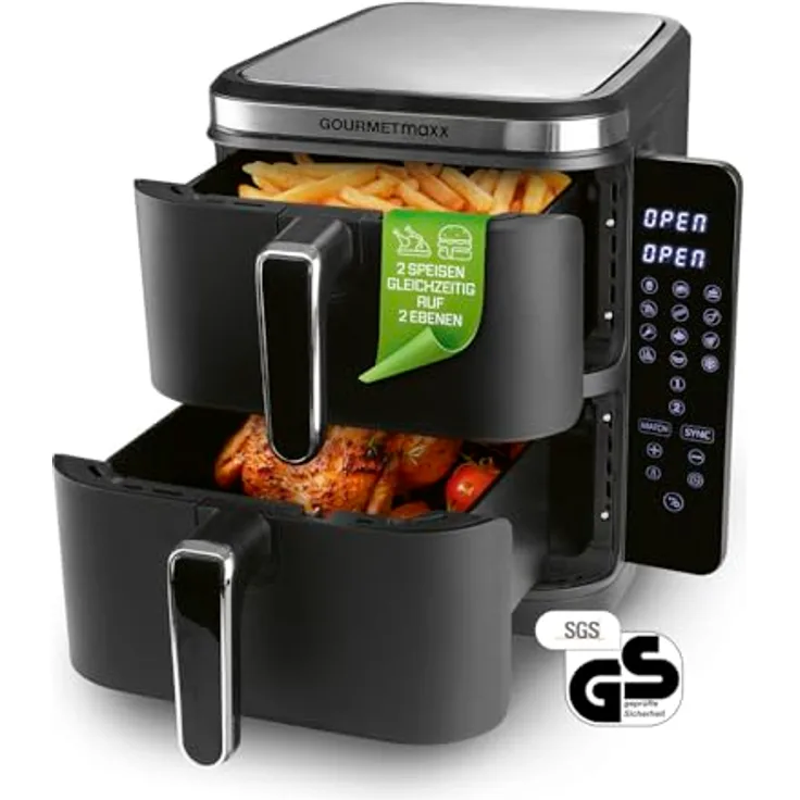 GOURMETmaxx FryUp Vertikale Doppelkammer Heißluftfritteuse | 10L Fassungsvermögen | 2 Kammern | klappbares Touchdisplay | 32% platzsparender