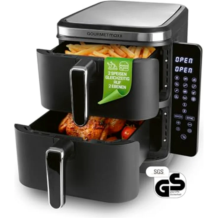 GOURMETmaxx FryUp Vertikale Doppelkammer Heißluftfritteuse | 10L Fassungsvermögen | 2 Kammern | klappbares Touchdisplay | 32% platzsparender – Bild 1