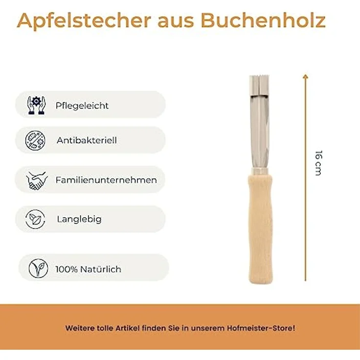 HOFMEISTER® Apfelstecher, 16 cm, ideal für Äpfel, Birnen & Kernobstgewächse, Metallteil aus rostfreiem Edelstahl, praktischer Apfel-Entkerner mit Griff aus Buchen-Holz, Made in Germany – Bild 2