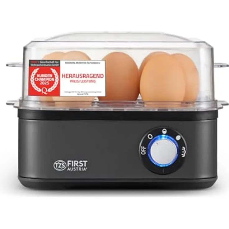 TZS First Austria Eierkocher Grau, 8 Eier Kapazität, 4 Kochstufen mit Dampfgarfunktion, automatische Abschaltung, Trockenkochschutz, inkl. Messbecher & Pochierschale