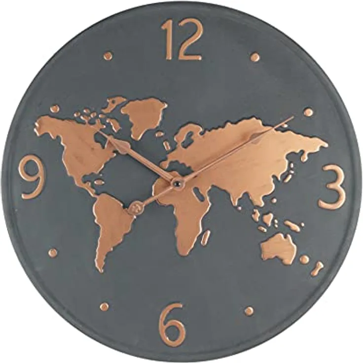 Rebecca Mobili Wanduhr, Metall Wanduhr, Welt Design, Dunkel Grau Kupfer Braun, Rund, Wohnzimmer Küche - Durchmesser 45 cm x T 4,5 cm - Art. RE6597