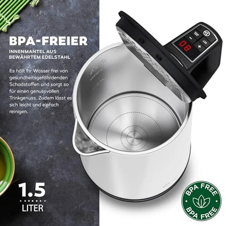 Balter WK-12 Edelstahl Wasserkocher mit Temperatureinstellung 40°C-100°C, doppelwandig, BPA-frei, leise, kabellos, 1.5L, 2200W, Weiß – Bild 4