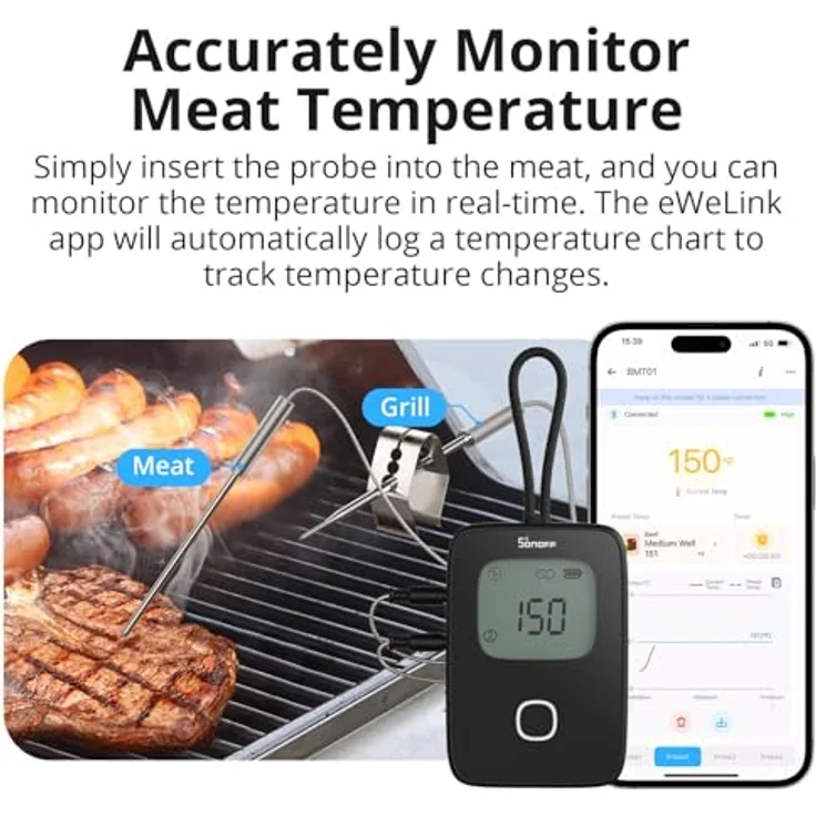 SONOFF BMT01 Fleischthermometer, Digitales Bratenthermometer mit 2 Sonden, Timer und Temperaturalarm, Smart LCD für Grill, Smoker, Ofen, BBQ – Bild 4