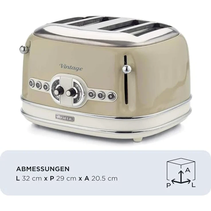 Ariete 156 Vintage, Toaster für 4 Scheiben, 1600 W, 6 Toaststufen, aus Pastellbeige lackiertem Edelstahl, ohne Zangen – Bild 3