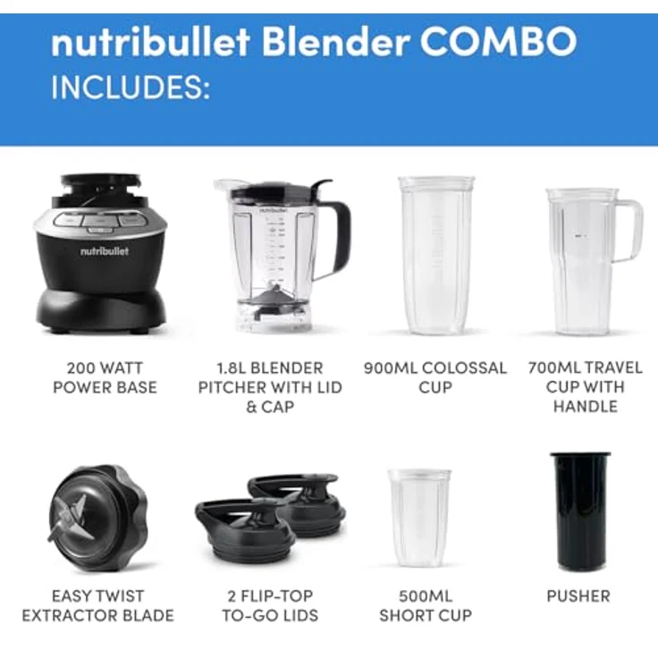 Nutribullet Combo Heiß- und Kaltmixer, 1200 W mit 1,8 l Fassungsvermögen, anthrazitgrau, 3 Becher und 2 Klappdeckel für On The Go – Bild 3