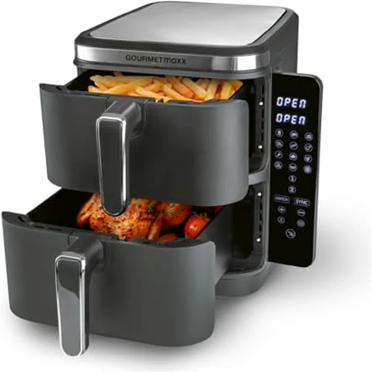 GOURMETmaxx FryUp Vertikale Doppelkammer Heißluftfritteuse, 10L Fassungsvermögen, 2800 W, klappbares Touchdisplay, 12 Programme, platzsparendes Design – Bild 1