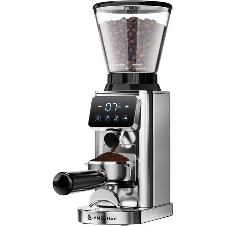 AMZCHEF CE-CG209-SV, Elektrische Kaffeemühle aus Edelstahl mit digitalem Touch-Display und Siebträgerhalterung, Silber