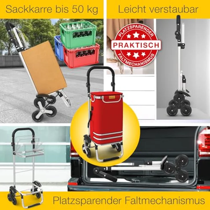 ELONEO Einkaufstrolley Treppensteiger mit Kühlfach, 56 L, klappbar, höhenverstellbar, Rot, mit Reflektoren und abnehmbarer Tasche – Bild 2