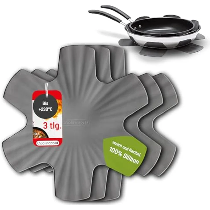 Coolinato Pfannenschoner 3er Set aus Silikon, 35 cm, grau, hitzebeständig bis 230 °C, spülmaschinengeeignet, Untersetzer und Pfannenschutz – Bild 1