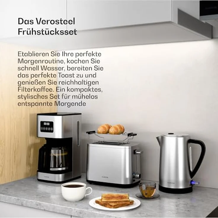 Klarstein Verosteel Frühstücksset, Toaster 2 Scheiben mit 7 Bräunungsstufen & Brötchenaufsatz, Wasserkocher 1.7L Edelstahl, Filterkaffeemaschine 12 Tassen mit Warmhaltefunktion – Bild 3