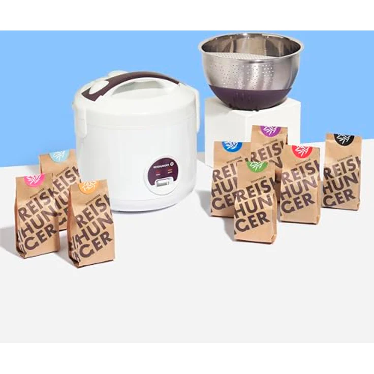 Reishunger Reiskocher & Dampfgarer mit Keramikbeschichtung Starterset (10-teilig) inkl. Dämpfeinsatz, Löffel, Messbecher, 8-teiligem Reisset & Edelstahl Reiswaschschüssel, glänzende Keramikbeschichtung, 1.2 l Fassungsvermögen, 500 W, 220 V – Bild 2