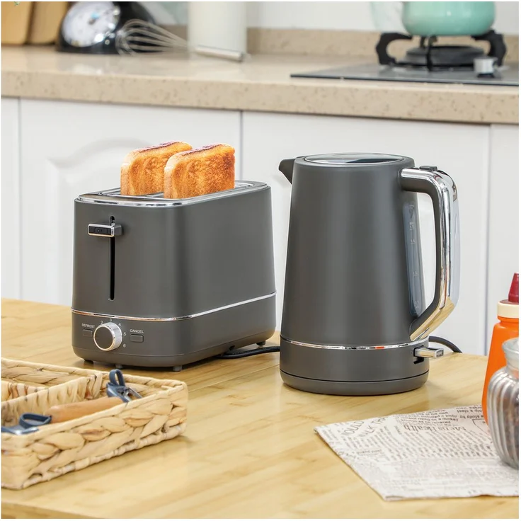 HOMCOM Toaster Set, 1,7 L Wasserkocher und Toaster mit 2 Schlitzen, 2200 W, 6 Bräunungsstufen, grau