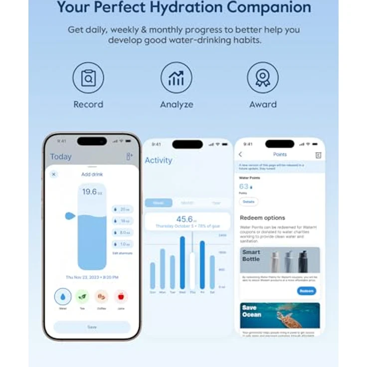 WaterH Boost Smart Trinkflasche, 946ml mit App und LED-Touch-Display, Aluminium Weiß – Bild 4