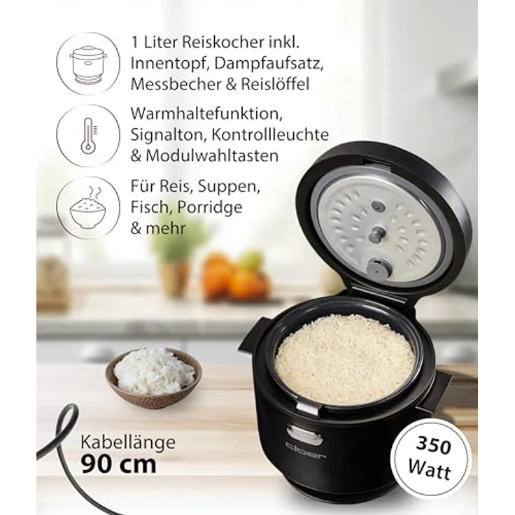 Cloer 6830 Reiskocher, 1 l mit Dampfaufsatz, 7-Phasen-Technologie, Warmhaltefunktion bis 24 h, spülmaschinengeeignet, 350 W – Bild 3