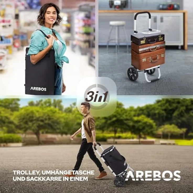 Arebos 3in1 Einkaufstrolley | Trolley groß 56 Liter | Einkaufswagen mit Kühlfach | Einkaufstasche mit Rollen | Schwarz – Bild 3