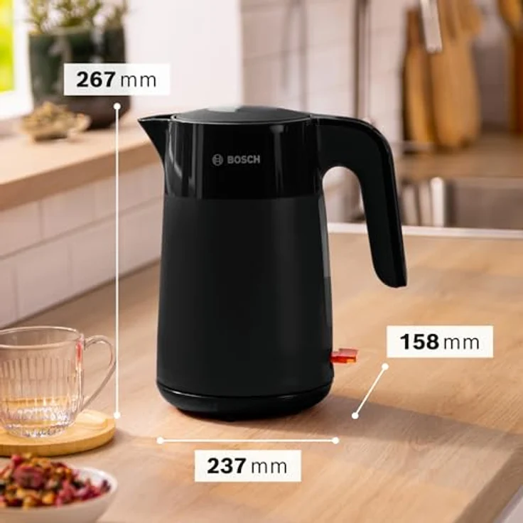 Bosch kabelloser Wasserkocher MyMoment TWK2M163, Abschaltautomatik, Überhitzungsschutz, Tassenanzeige, entnehmbarer Kalkfilter, Trockengehschutz, Dampfstopp-Automatik, 1,7 L, 2400 W, Schwarz matt – Bild 2