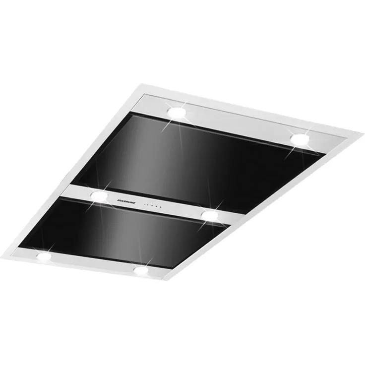 Silverline Vega Intern Premium VGID 123 S, Deckenhaube 120 cm aus Edelstahl/Schwarzglas, Abluftbetrieb, 3 Stufen + Boost, Fernbedienung, dimmbare LED-Beleuchtung
