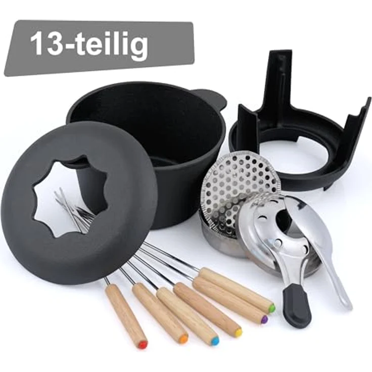 BBQ-Toro Gusseisen Fondue Set für 6 Personen | 1 Liter | Fondueset 13 teilig mit Brenner und Gabeln | Fondue-Set, Käsefondue Set, Fleischfondue Set, Schokofondue Set (schwarz bereits eingebrannt) – Bild 3