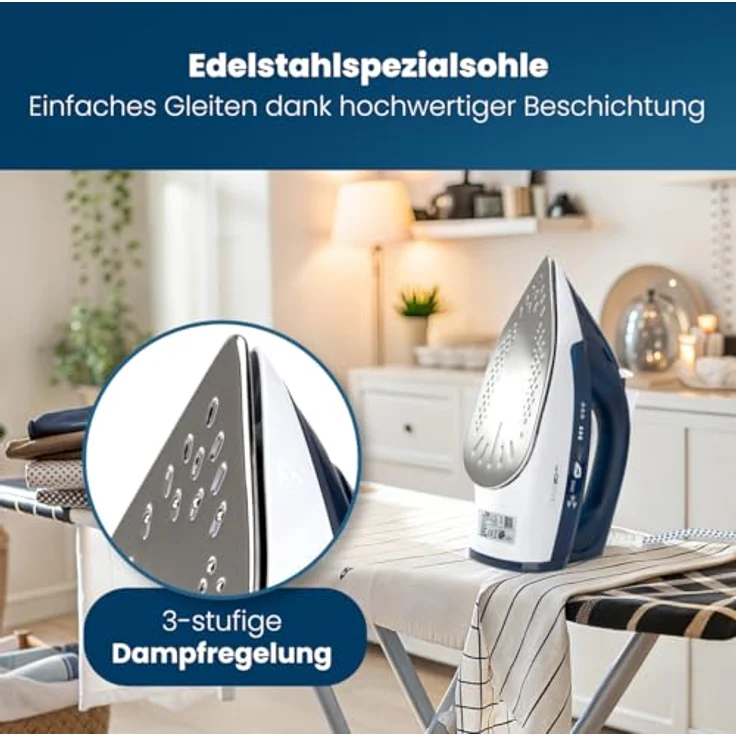 Clatronic DB 3704 Dampfbügeleisen mit 7 Funktionen, Edelstahlspezialsohle, stufenlose Temperaturregulierung, zuschaltbare Selbstreinigungsfunktion, Weiß-Blau – Bild 2
