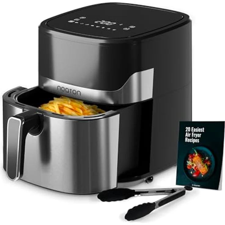 Noaton Heißluftfritteuse 6,2 L, Air Fryer mit Digitalem Touchscreen, 8 Programme, 1600 W, Ohne Öl, Temperaturwahl von 80 bis 200 °C, Inklusive Kochbuch und Küchenzange, Kompakt, Silber – Bild 1