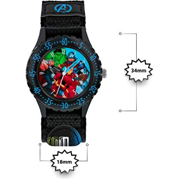 Avengers Marvel Jungen Analog Quarz Armbanduhr AVG5008 mit Zifferblatt im Avengers-Design, schwarzes Stoffarmband mit Klettverschluss – Bild 5