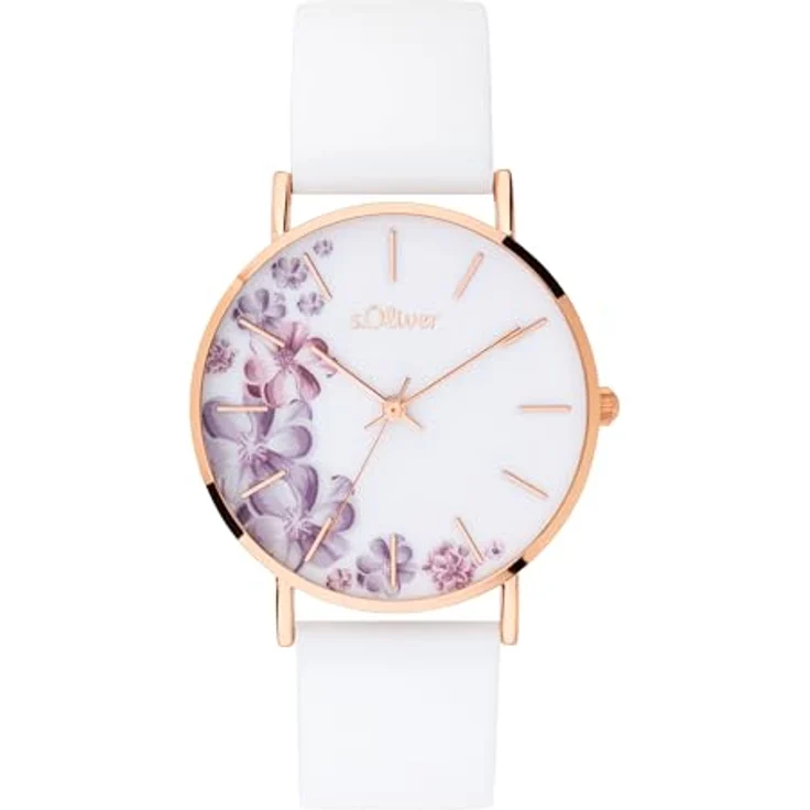 s.Oliver Damen Analog Quarz Armbanduhr SO-3706-PQ, roségoldfarbenes Metallgehäuse, weißes Silikonarmband, Blumen-Zifferblatt, 36 mm, 3 ATM wasserdicht – Bild 1
