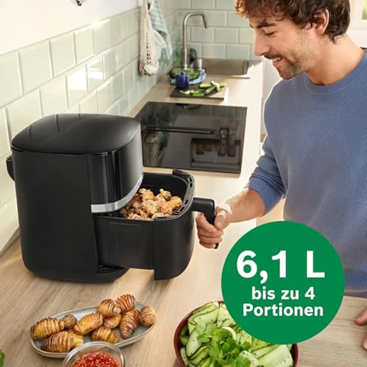 BOSCH Heißluftfritteuse Air Fryer Serie 4 MAF462B0, 6,1l, 2 Heizelemente, 7 Programme, Auftaufunktion, spülmaschinengeeigneter Korb/Gitter, schwarz – Bild 4