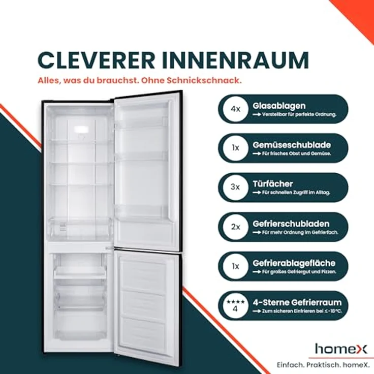 homeX CFSN2531C-B Kühlschrank mit Gefrierfach, 253 Liter, No Frost, freistehend, schwarz – Bild 4